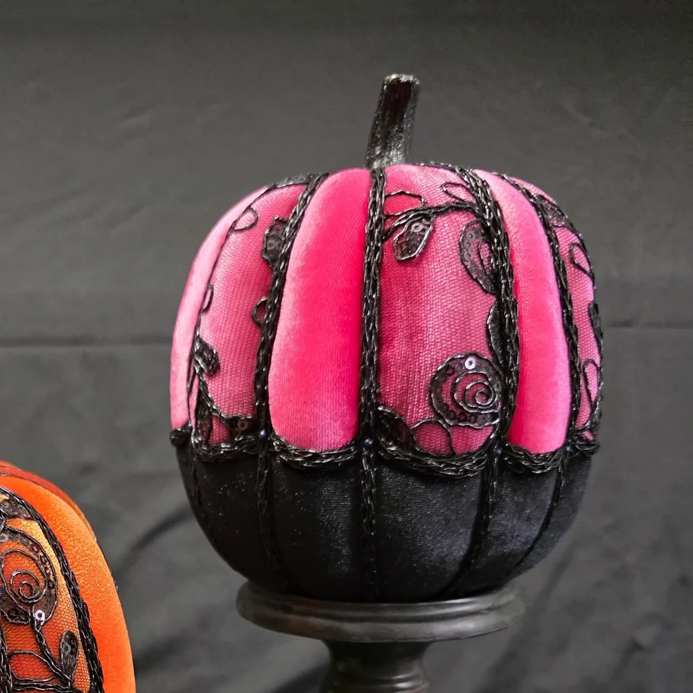 Glam Velvet Pumpkin, Hot Pink w/Black Velvet‎ Pumpkins, Black Lace, Cording